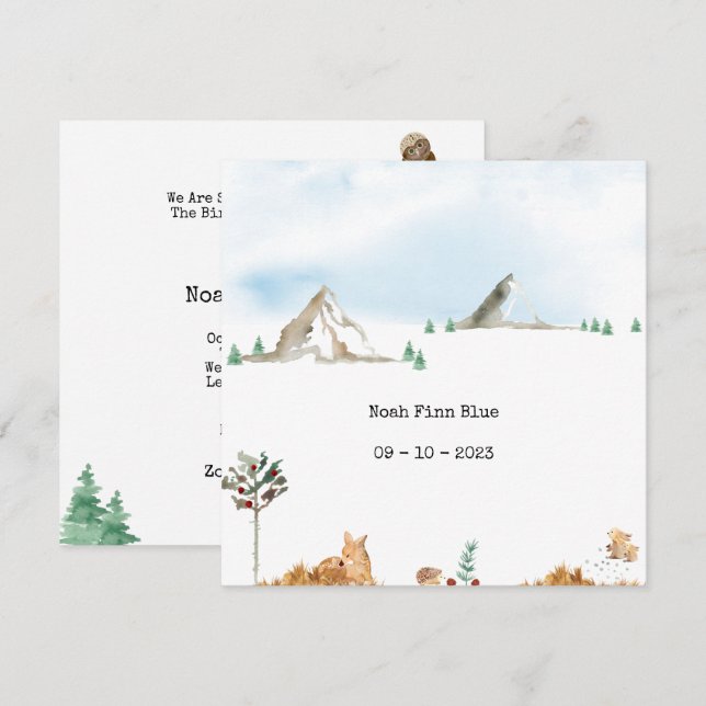 Invitation Cute Watercolor Forest Animals in Mountains Baby (Devant / Derrière)