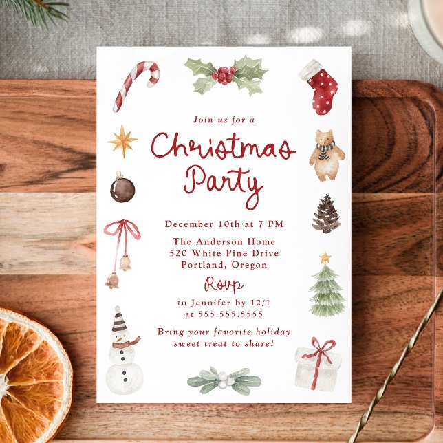 Invitation Cute Watercolor Illustrations Christmas Party (Créateur téléchargé)