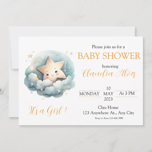 Invitation Cute Watercolor Little Star in Blue Clouds (Devant)