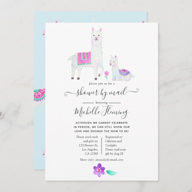 Invitation Cute Watercolor Llama thème Baby shower par mail (Devant / Derrière)