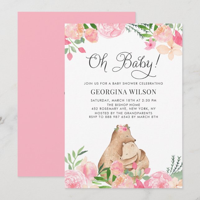 Invitation Cute Watercolor Maman et Baby Bear Baby Shower (Devant / Derrière)