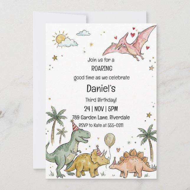 Invitation Cute Watercolor Pastel Dinosaur Third Birthday (Devant)