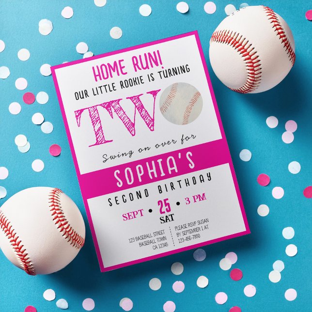 Invitation Cute Watercolor Rookie Baseball Girl 2e anniversai (Créateur téléchargé)