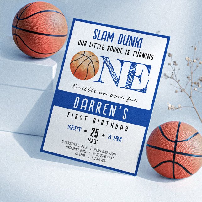 Invitation Cute Watercolor Rookie Basketball garçon 1er anniv (Créateur téléchargé)
