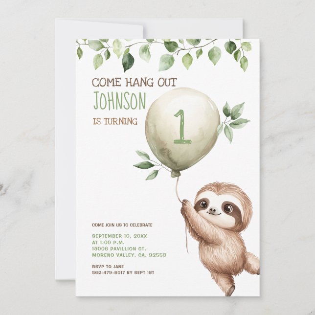 Invitation Cute Watercolor Sloth Kids Birthday Party  (Devant)