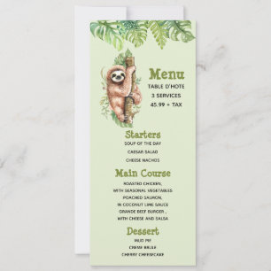Invitation Cute Watercolor Sloth & Tropical Feuilles Menu