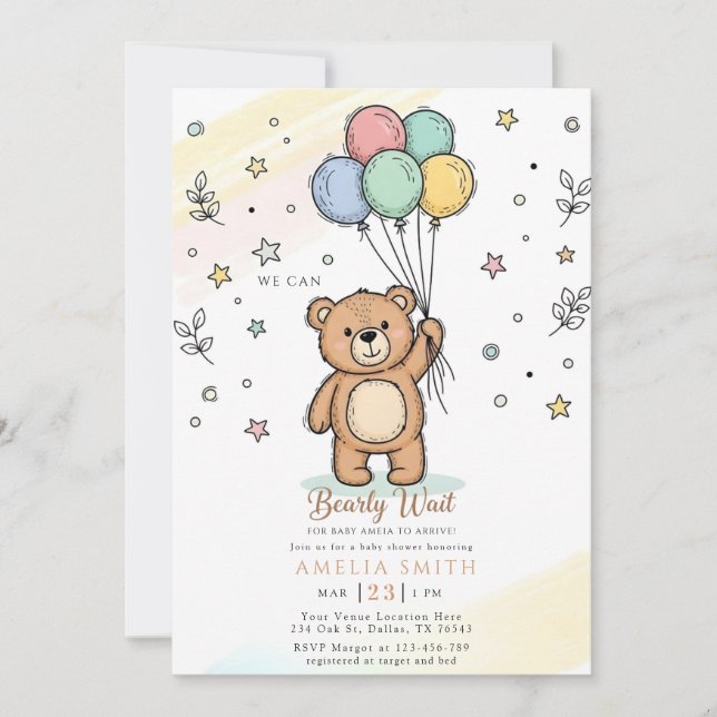 Invitation Cute Watercolor Teddy bear Illustration babyshower (Devant)