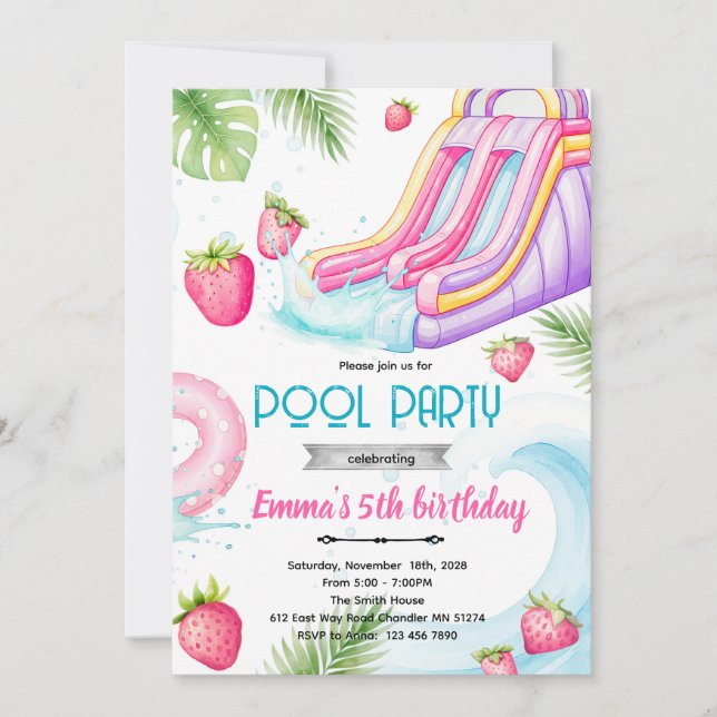 Invitation Cute waterslide strawberry pool invite (Devant)