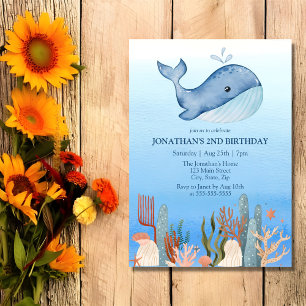 Invitation Cute Whale Blue Sea Coral Reef 2e anniversaire
