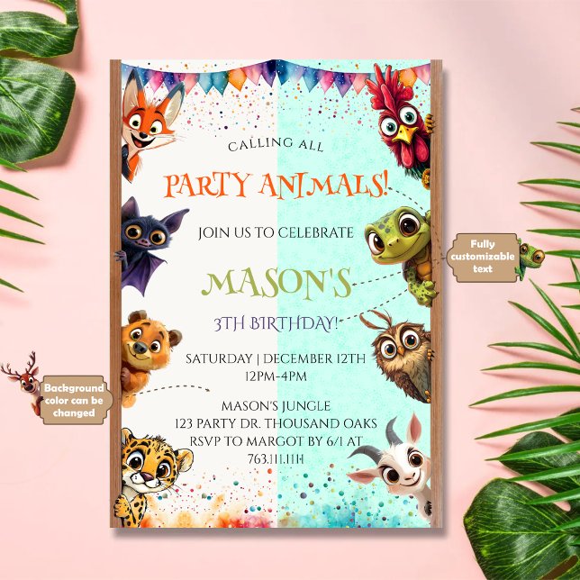 Invitation Cute Whimsical Calling All Party Animals Birthday (Créateur téléchargé)