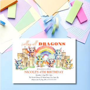 Invitation Cute Whimsical Dragons Castle Rainbow Anniversaire
