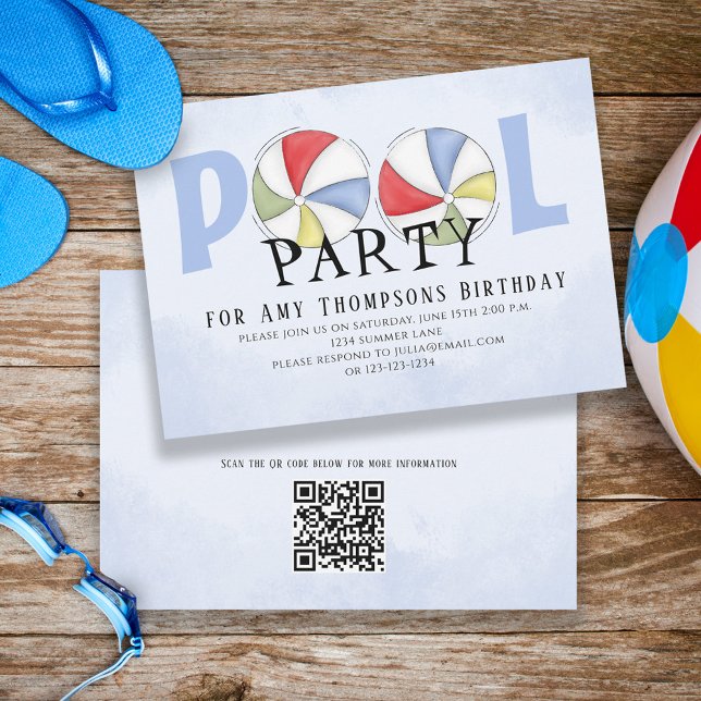 Invitation Cute Whimsical Fun Pool Party Summer QR Code (Créateur téléchargé)