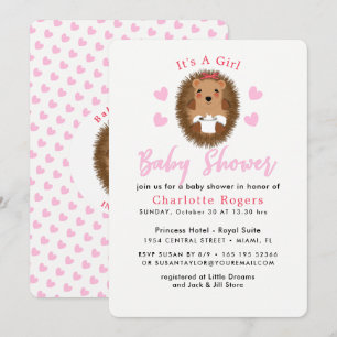 Invitation Cute Whimsy Hedgehog Coeur rose Bébé Fille Douche