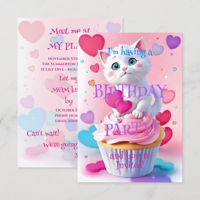 Invitation Cute White Kitten et Cupcake Girl Birthday Party (Devant / Derrière)