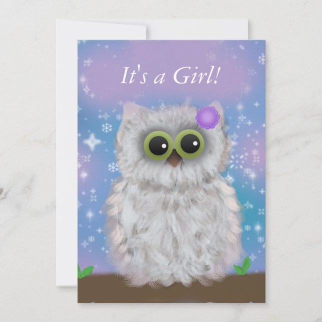 Invitation Cute White Owl Winter Girl Snowflake Douche Invita (Devant)
