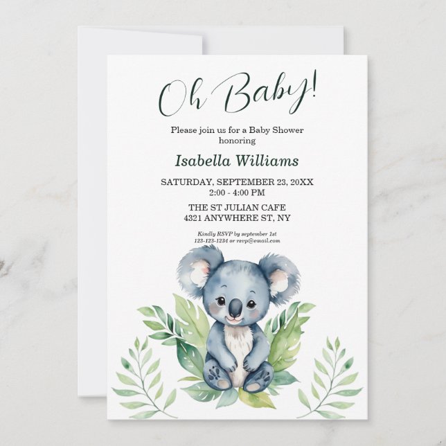Invitation Cute Wild Koala Baby shower neutre de genre (Devant)