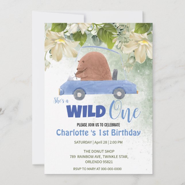 Invitation Cute Wild One Bear Animaux Voiture 1er anniversair (Devant)