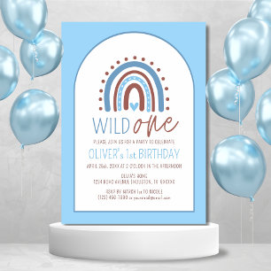 Invitation Cute Wild ONE Boho Rainbow Blue Boy Anniversaire 1