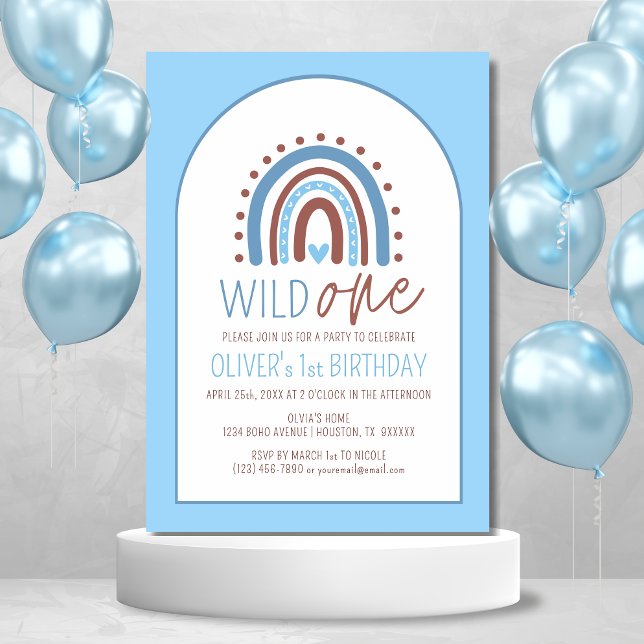 Invitation Cute Wild ONE Boho Rainbow Blue Boy Anniversaire 1 (Créateur téléchargé)