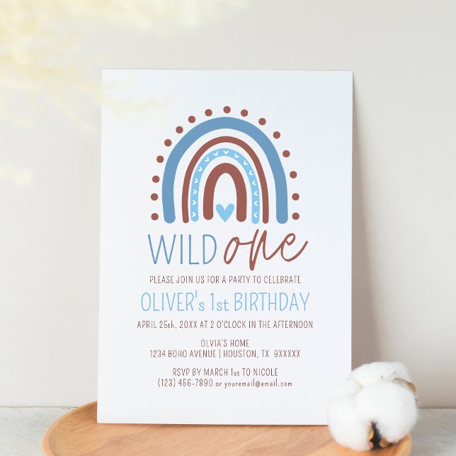 Invitation Cute Wild ONE Boho Rainbow Blue Boy Anniversaire 1 (Créateur téléchargé)