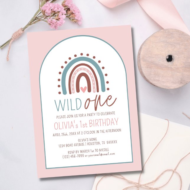 Invitation Cute Wild ONE Boho Rainbow Rose Girl Anniversaire  (Créateur téléchargé)