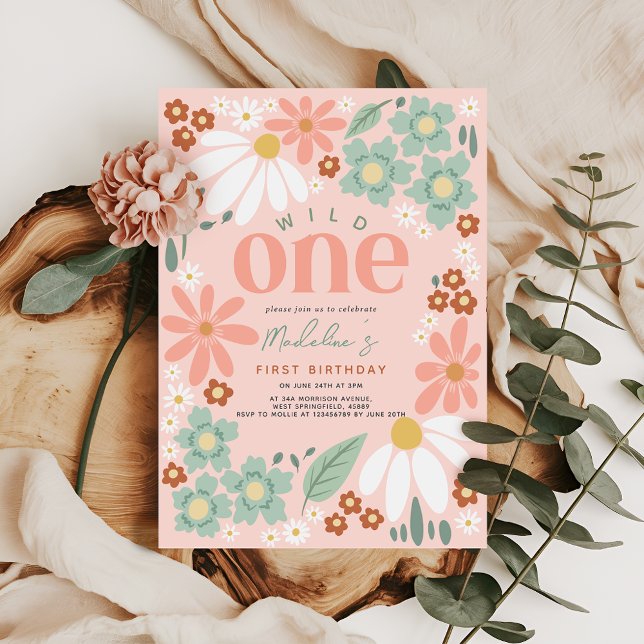 Invitation Cute Wild One Fleur sauvage Daisy Girls 1er annive (Créateur téléchargé)