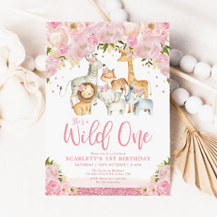 Invitation Cute Wild One Girl Safari Animaux 1er anniversaire