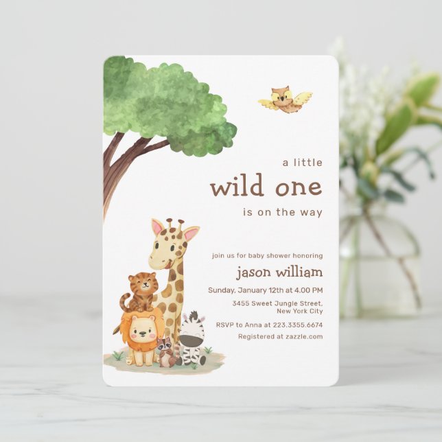 Invitation Cute Wild One Jungle Safari Animals Baby Shower (Debout devant)