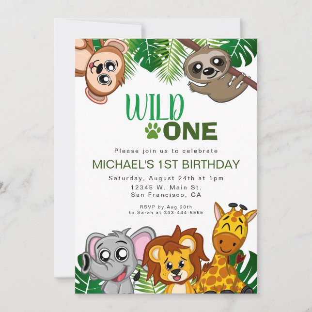 Invitation Cute Wild One Jungle Safari Animaux premier annive (Devant)