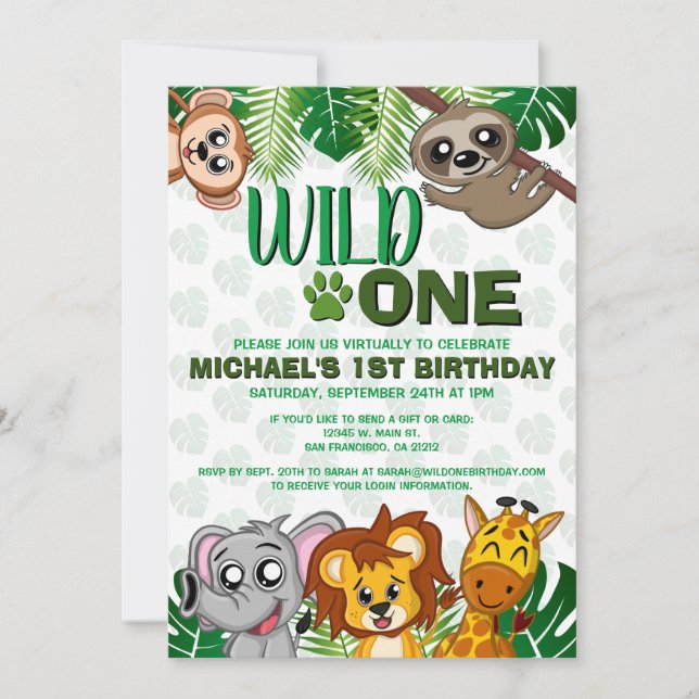 Invitation Cute Wild One Jungle Safari virtuel premier annive (Devant)