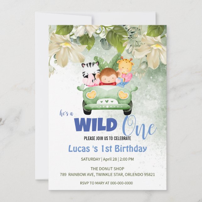 Invitation Cute Wild One Safari Animal love Voiture 1er anniv (Devant)