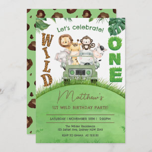 Invitation Cute Wild One Safari Animaux Jungle 1er anniversai