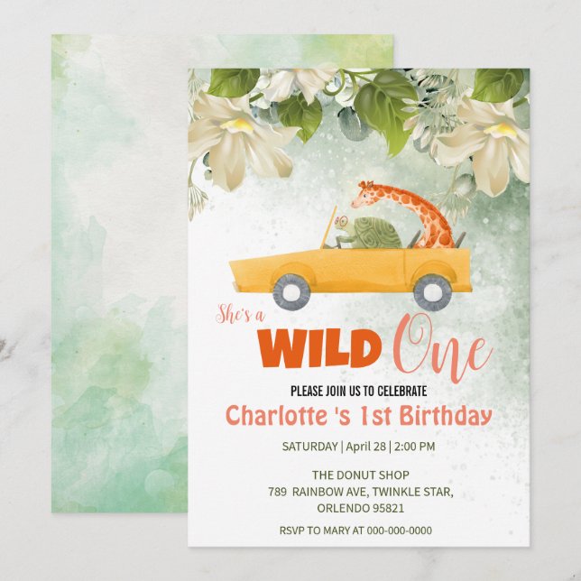 Invitation Cute Wild One Safari Animaux Voiture 1er anniversa (Devant / Derrière)