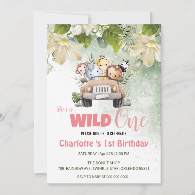 Invitation Cute Wild One safari bébé animal 1er anniversaire (Devant)