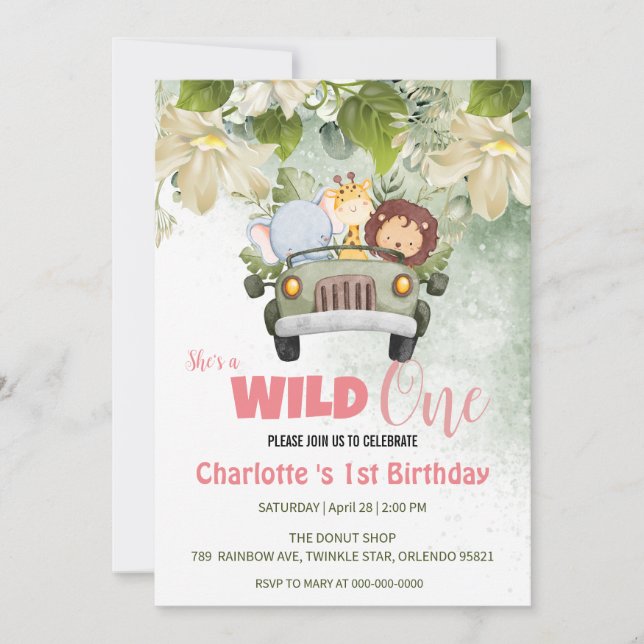 Invitation Cute Wild One Safari voiture animal 1er anniversai (Devant)