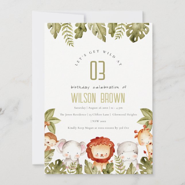 Invitation Cute Wild Tropical Safari Animaux Anniversaires de (Devant)