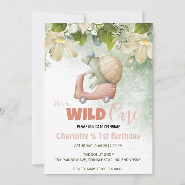 Invitation Cute Wild Une tortue animal vélo 1er anniversaire (Devant)