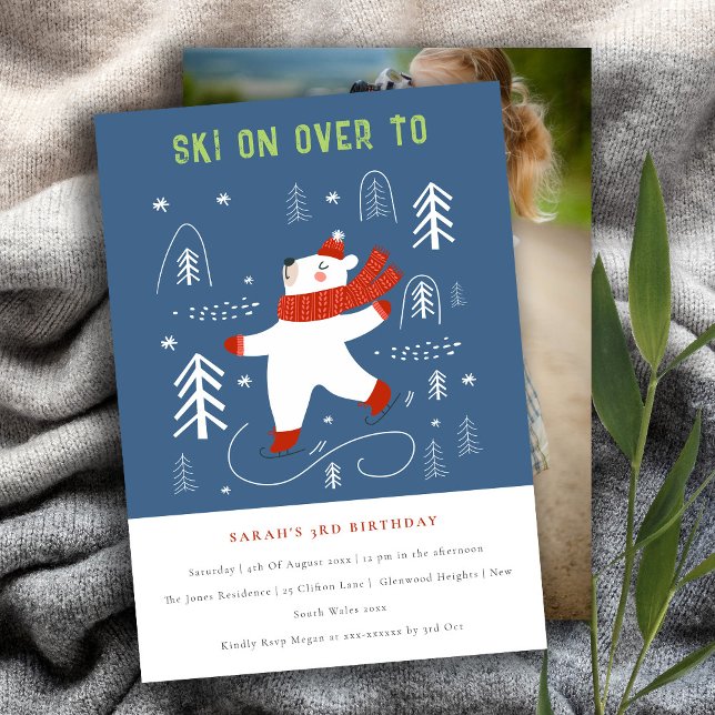 Invitation Cute Winter Forest Bear Ski Photo Anniversaire de  (Créateur téléchargé)