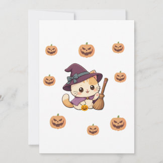 Invitation Cute Witch Cat Halloween Card