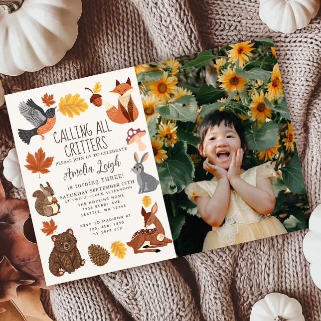Invitation Cute Woodland Animals Automne Photo Anniversaire d (Créateur téléchargé)