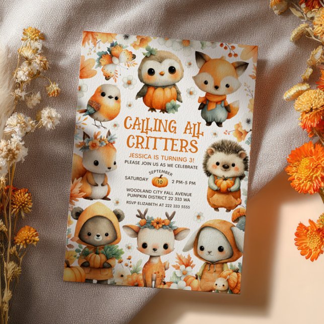 Invitation Cute Woodland Animals Festive Autumn Kids Birthday (Créateur téléchargé)