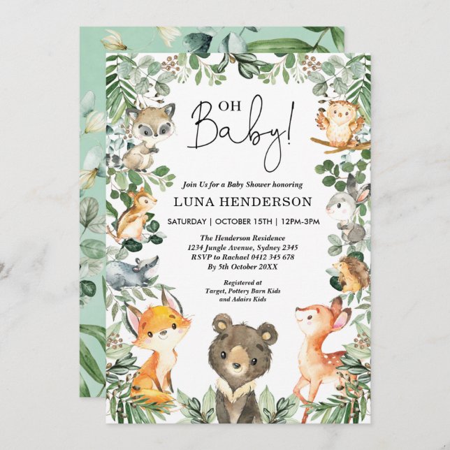 Invitation Cute Woodland Animaux Baby shower Forêt Végétation (Devant / Derrière)