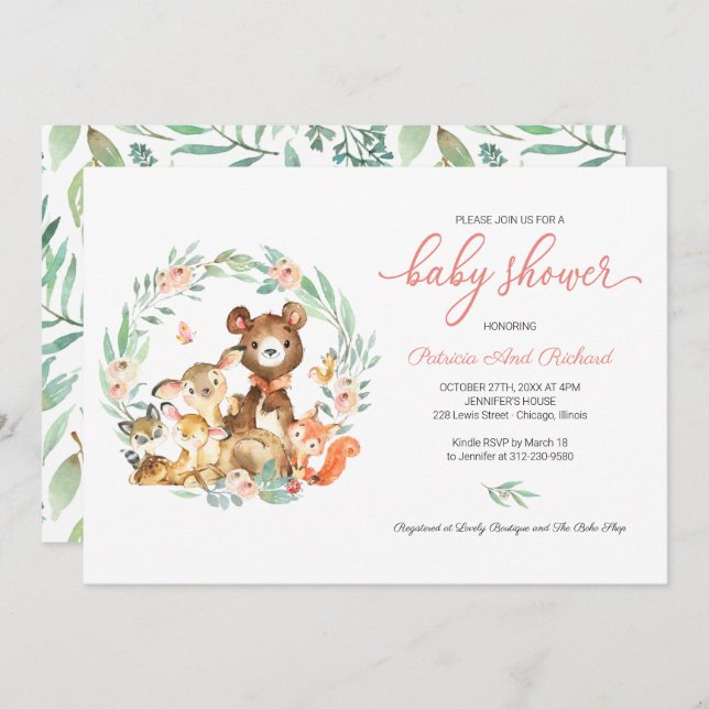 Invitation Cute Woodland Animaux Baby shower verdoyant (Devant / Derrière)