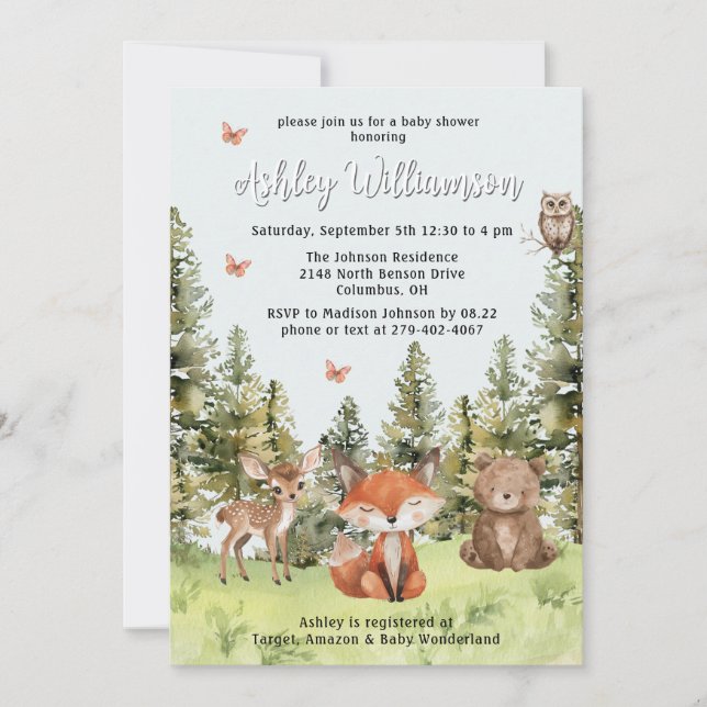 Invitation Cute Woodland Animaux Baby shower verdoyant (Devant)