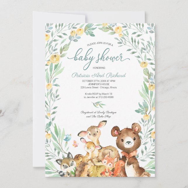Invitation Cute Woodland Animaux Baby shower verdoyant