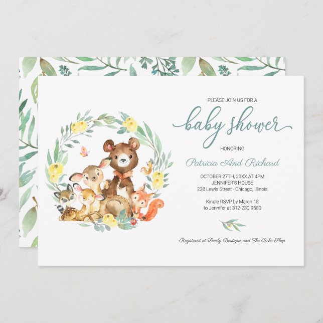 Invitation Cute Woodland Animaux Baby shower verdoyant Invita (Devant / Derrière)