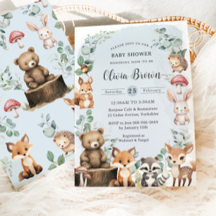 Invitation Cute Woodland Animaux Baby shower vert bleu