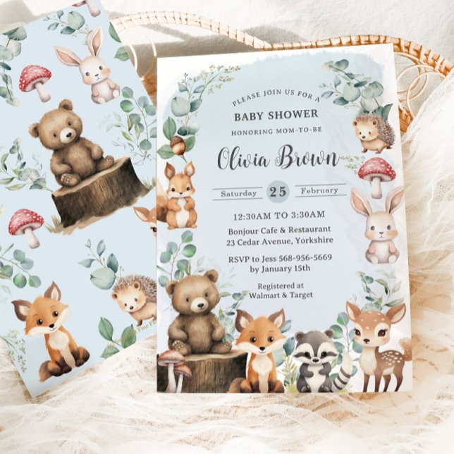 Invitation Cute Woodland Animaux Baby shower vert bleu (Créateur téléchargé)