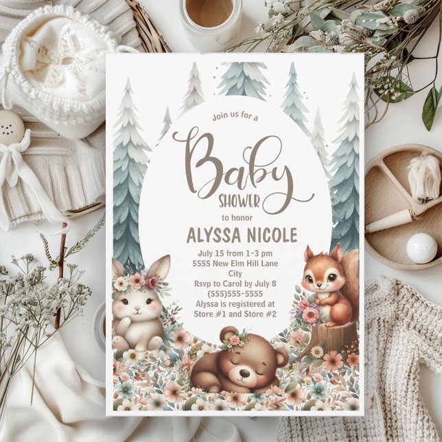 Invitation Cute Woodland Animaux Baby showers neutres selon l (Woodland animals baby shower invitation)