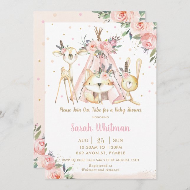 Invitation Cute Woodland Animaux Boho Tribal Girl Baby shower (Devant / Derrière)